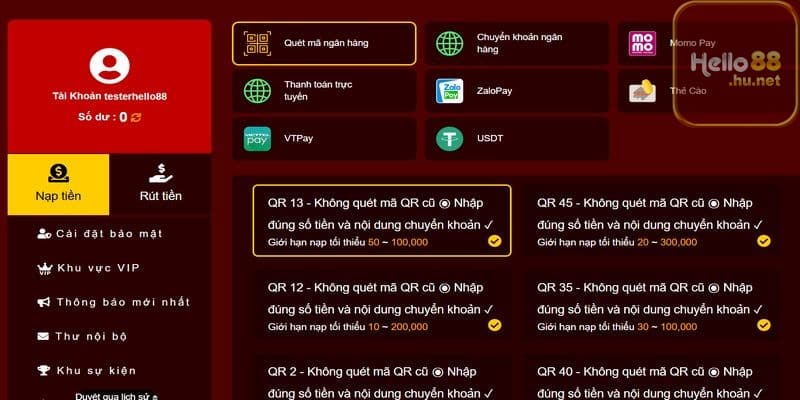 Đa dạng nạp tiền tại Hello88