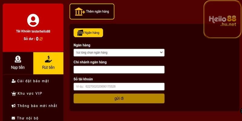 Điền thông tin rút tiền Hello88
